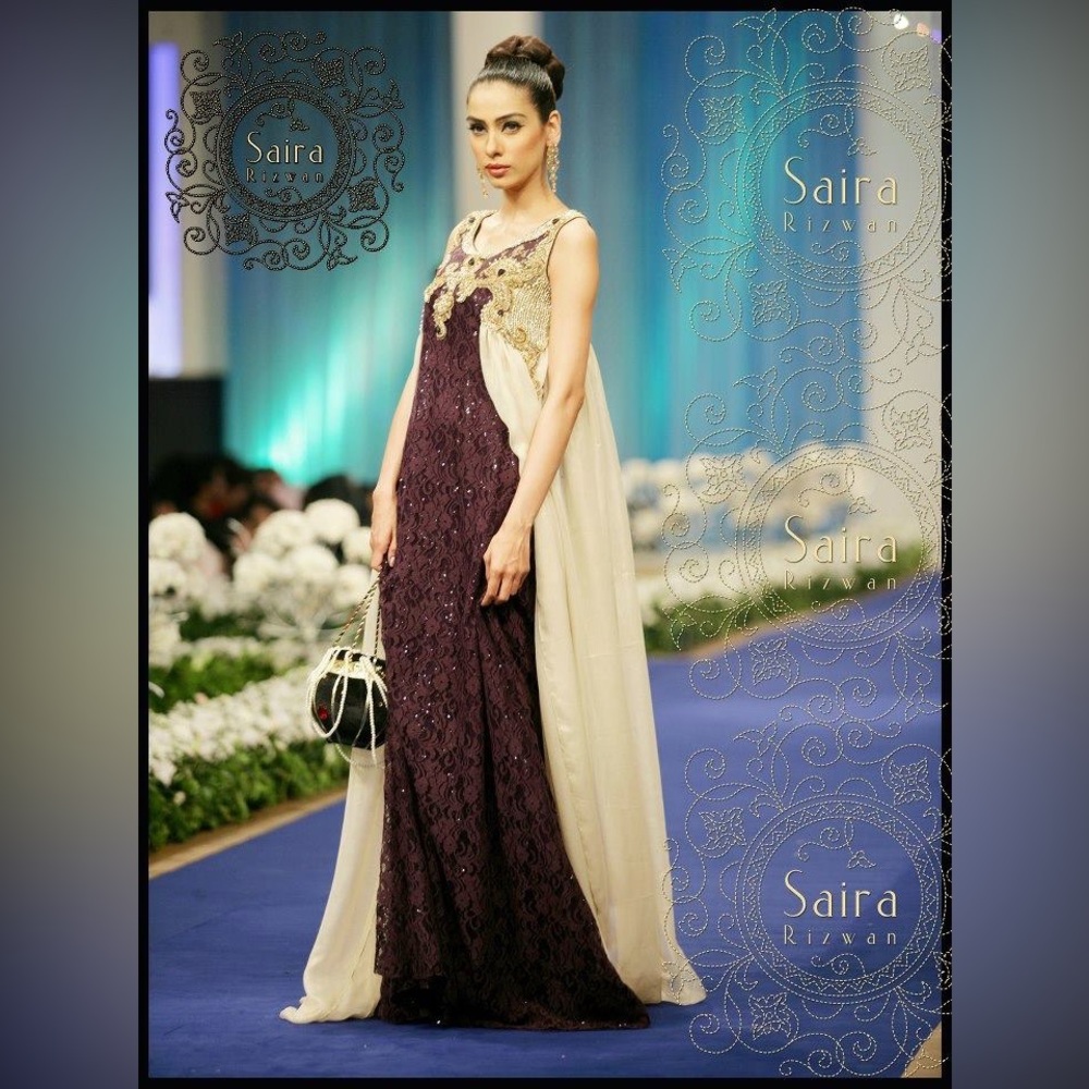 Saira Rizwan Designer Pakistani Purple and Cream Women's Dress.